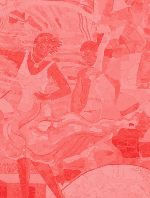 Red decorative overlay over mural of people