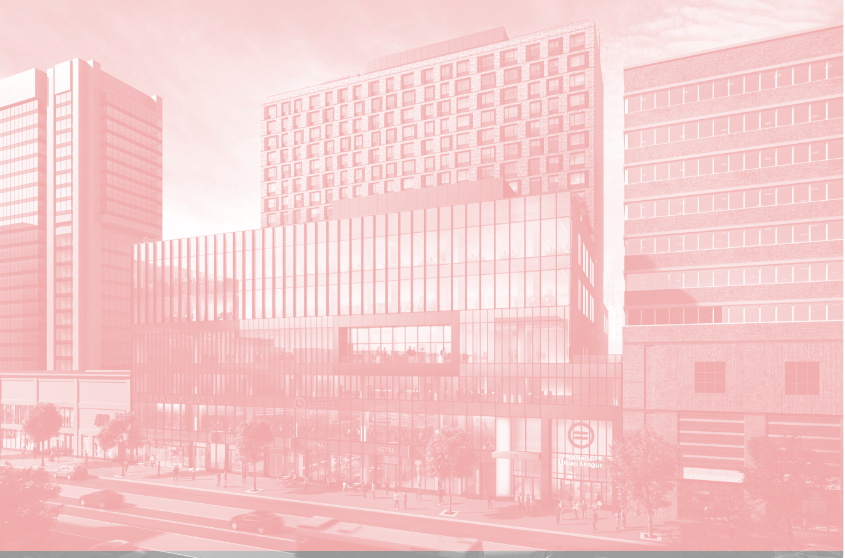 Red decorative overlay over picture of 121W 125th St office building