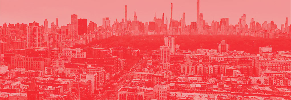 Red decorative overlay of NYC skyline