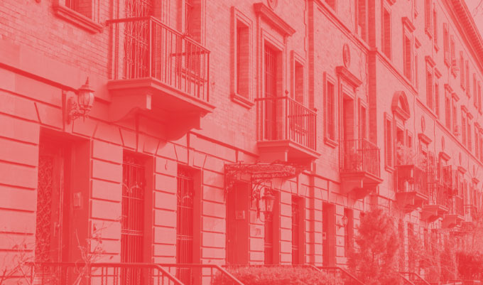 Red decorative overlay of NYC apartment building