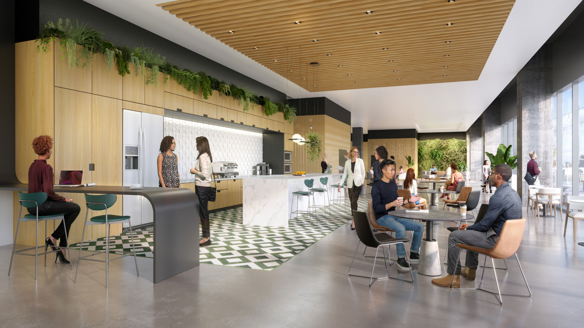 People enjoy an open break area with kitchen