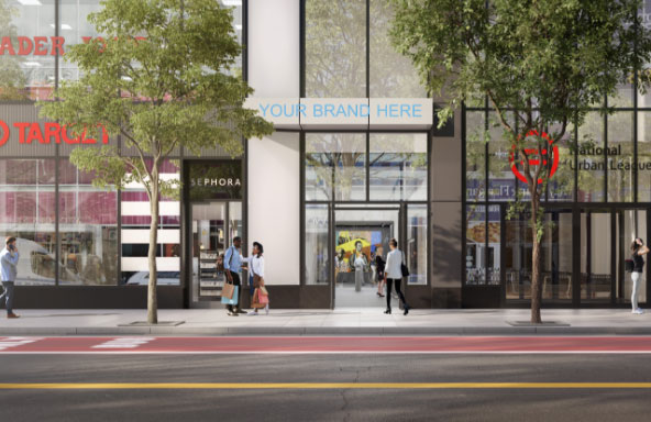 Ground floor retail with signage promoting available space