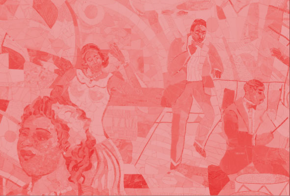 Red decorative overlay over painting of people