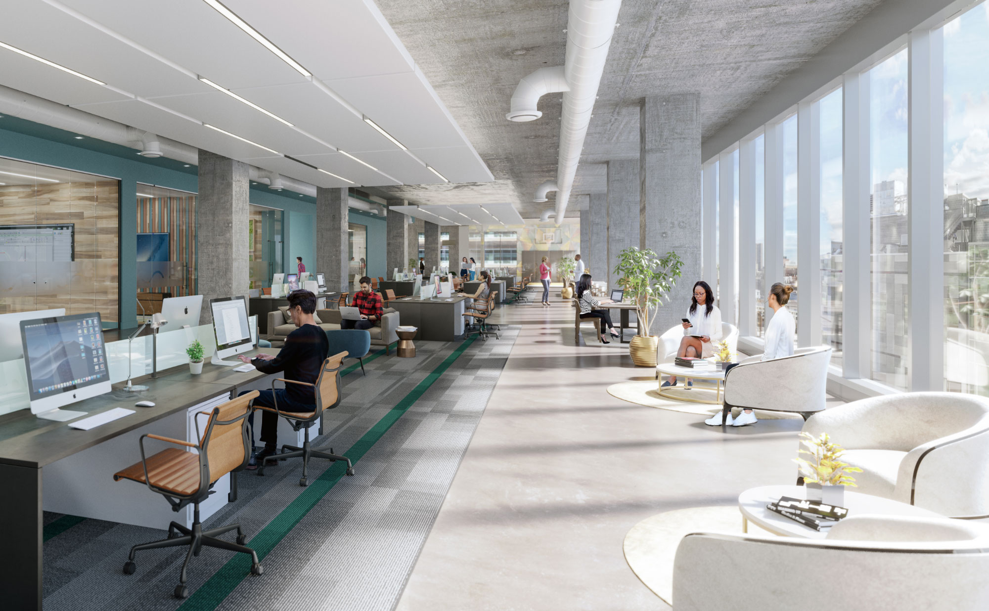 Open concept workspace with seating by windows