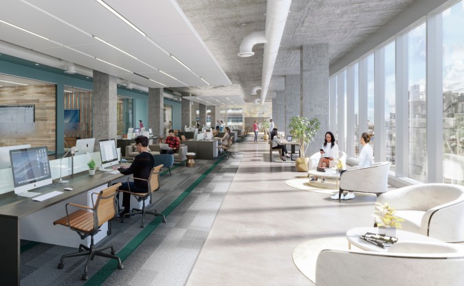 Open concept workspace with seating by windows