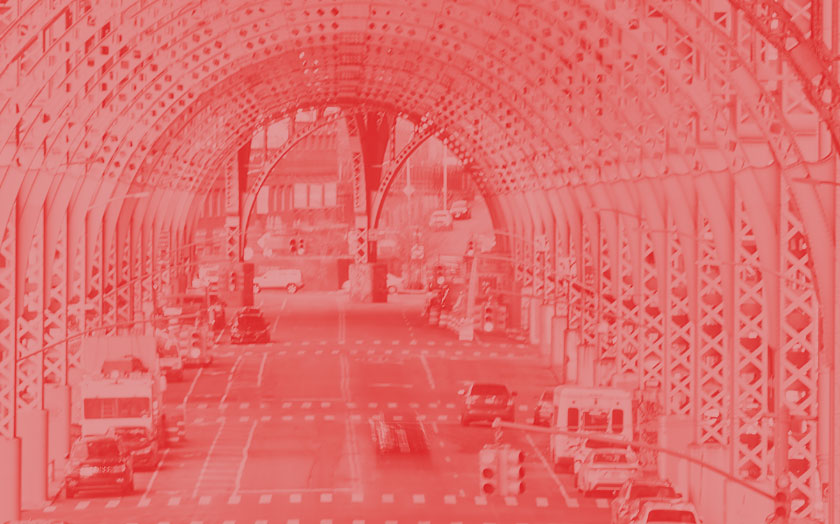 Red decorative overlay on picture of NY underpass
