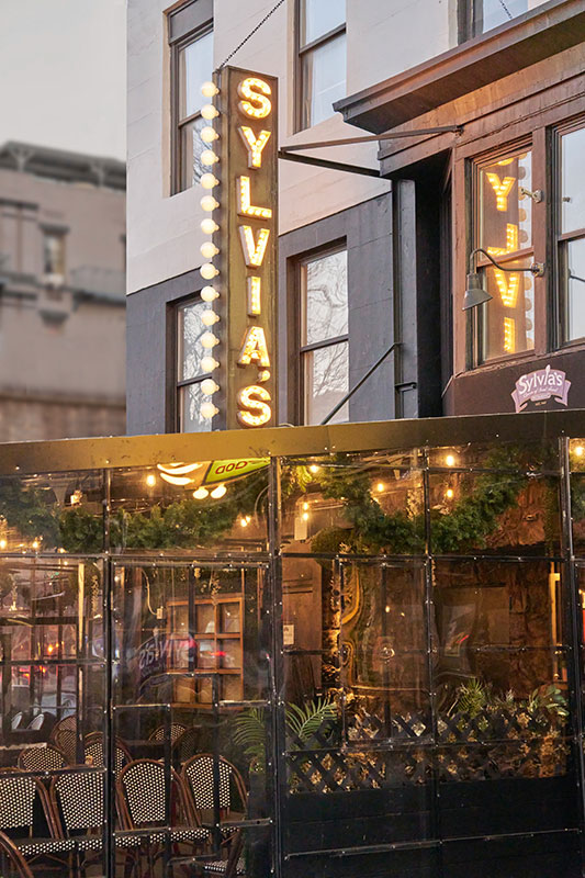 Sylvia's restaurant signage and front covered patio